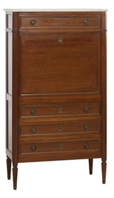 French Louis XVI Style Marble Top Walnut Secretary Abattant, 20th c., H.- 56 3/4 in., W.- 32 1/2