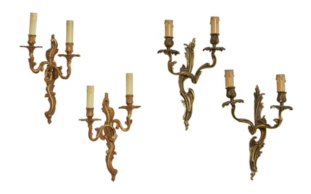 Two Pairs of French Louis XV-Style Gilt Bronze Sconces, 20th c., H.- 15 in., W.- 9 in., D.- 4 in. (4