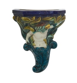 Majolica Figural Wall Bracket, c. 1900, H.- 9 3/4 in., W.- 7 1/4 in., D.- 5 1/2 in