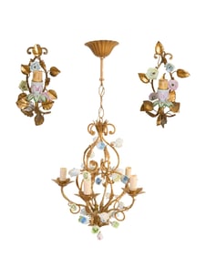 Unusual Three Piece French Gilt Iron and Porcelain Lighting Set, 20th c., Chandelier- H.- 17 1/2