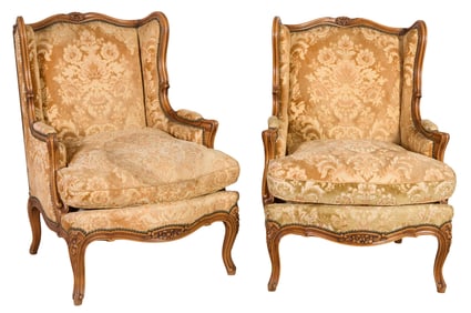 Pair of French Louis XV Style Carved Beech Wing Back Bergeres, early 20th c., Each- H.- 36 in., W.-