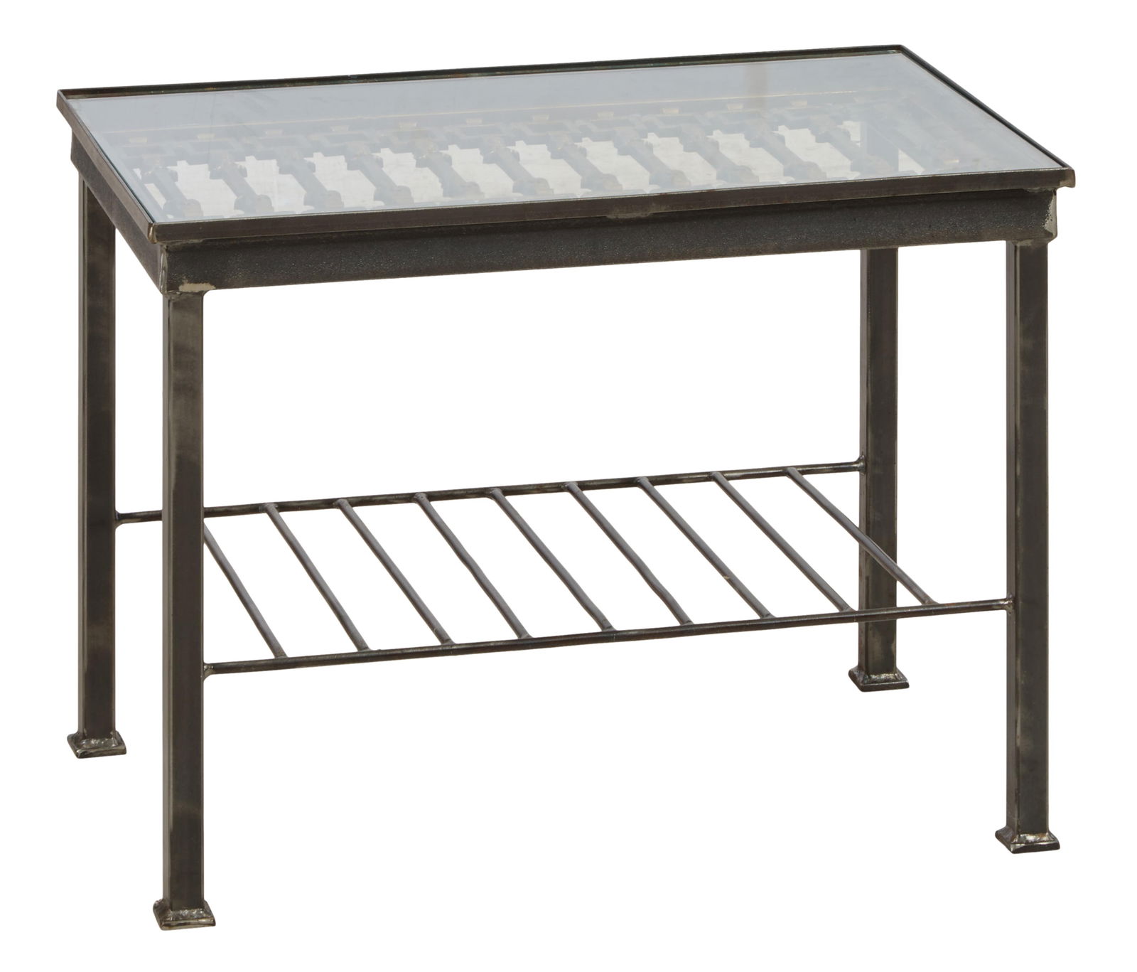 Antique Architectural Element Iron and Glass Low Table, 20th c., H.- 18 1/2 in., W.- 26 1/2 in., D.-: Antique Architectural Element Iron and Glass Low Table, 20th c., constructed from a fence section, the baluster and square decorated architectural grate set in an angle iron frame under glass, on squa
