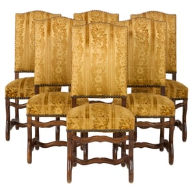 Set of Six Louis XIII Style Os de Mouton Dining Chairs, 20th c., Each- H.- 42 in., W.- 18 in., D.-