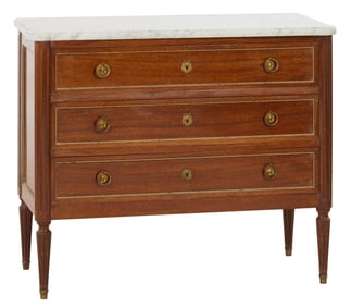 French Louis XVI Style Walnut Marble Top Commode, early 20th c., H.- 33 1/4 in., W.- 40 in., D.- 18