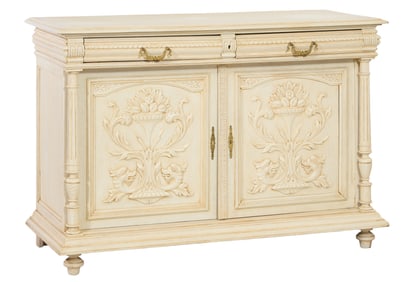French Henri II Style Creme Peinte Carved Oak Sideboard, 20th c., H.- 41 in., W.- 58 1/2 in., D.- 24
