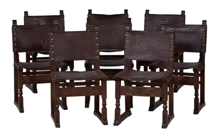 Eight French Renaissance Carved Oak and Leather Hall Chairs, 19th c., Each- H.- 36 in., W.- 20 in.,