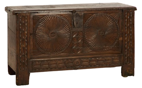 French Brittany Carved Walnut Coffer, 18th c., H.- 34 in., W.- 61 in., D.- 21 1/12 in.