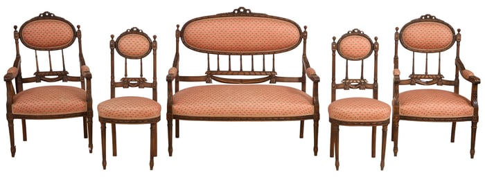 French Belle Epoque Carved Beech Five Piece Louis XVI Style Walnut Parlor Suite, 19th c., Sofa- H.-