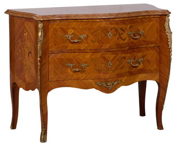 French Transitional Louis XV/XVI Style Ormolu Mounted Marble Top Parquetry Commode, 20th c., H.- 34 (1 of 2)