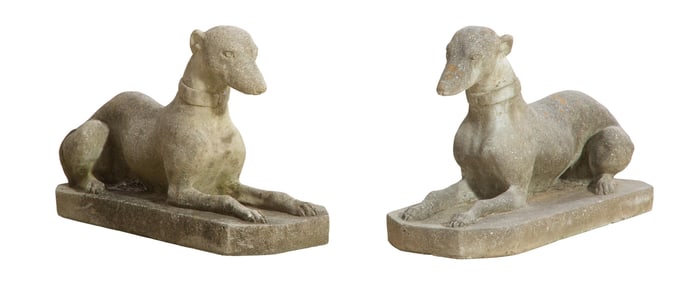 Pair of Cast Stone Reclining Whippet Figures, 20th/21st c., Each- H.- 18 1/2 in., W.- 10 1/2 in.,