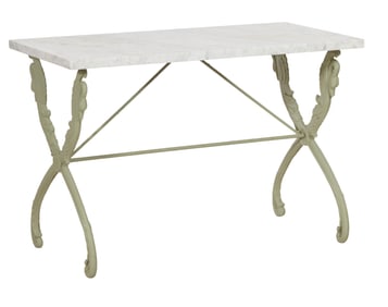 Wrought Iron Metal Swan Base Marble Top Garden Table, 20th/21st c., H.- 27 3/4 in, W.- 40 in., D.-