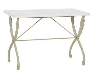 Wrought Iron Swan Base Marble Top Garden Table, 20th/21st c., H.- 27 1/2 in., W.- 40 in., D.- 22 in.