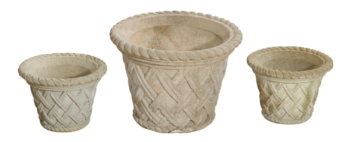 Group of Three Cast Stone Planters, 20th/21st c., Larger- H.- 16 1/2 in., Dia.- 21 in.; Smaller- H.-