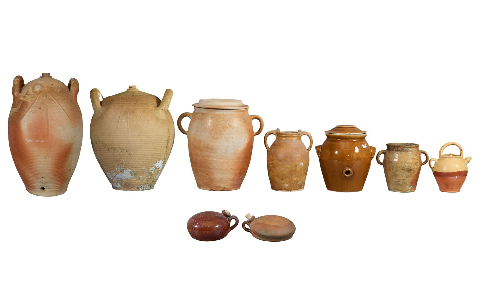 Group of Nine French Provincial Earthenware Oil Jars, 20th c., Largest- H.- 18 1/2 in., Dia.- 14 1/2 (1 of 4)