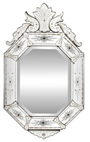 Venetian Style Cut and Etched Glass Overmantel Mirror, 20th c., H.- 38 in., W.- 22 in.