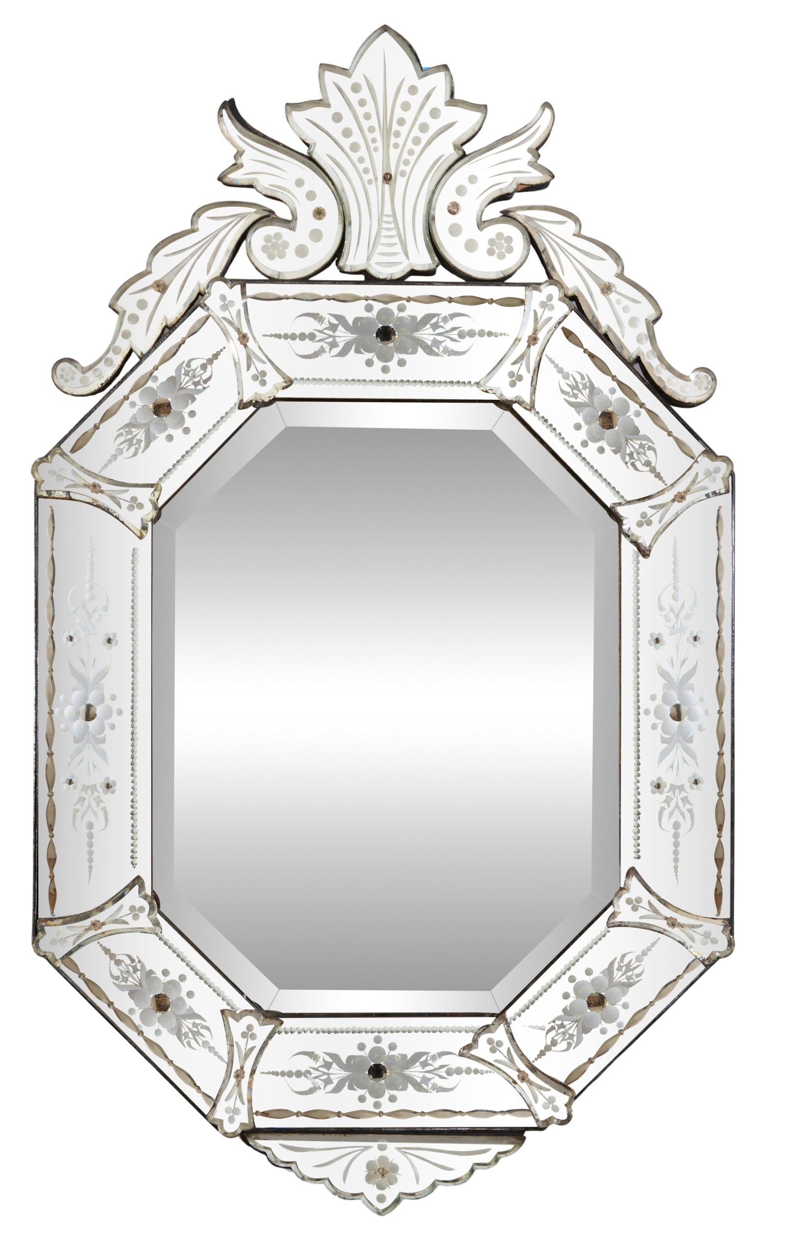 Venetian Style Cut and Etched Glass Overmantel Mirror, 20th c., H.- 38 in., W.- 22 in. (1 of 1)