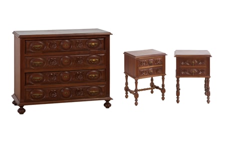 French Provincial Carved Oak Three Piece Bedroom Suite, 20th c., Commode- H.- 34 in., W.- 42 1/2
