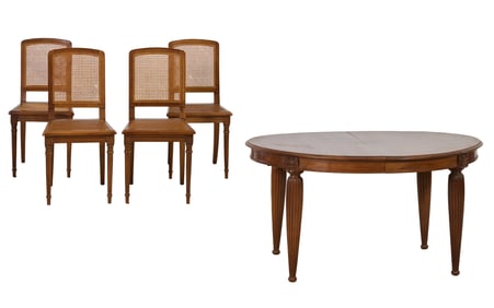 French Louis XVI Style Walnut Dinning Table and Four Chairs, 20th c., Chairs- H.- 36 1/2 in., W.-18