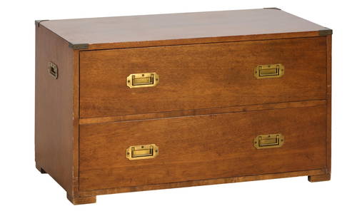 Georgian Campaign Form Walnut Chest, 20th c., H.- 20 1/2 in., W.- 36 in., D.- 19 in.: Georgian Campaign Form Walnut Chest, 20th c., the flat top with brass mounted corners, two drawers with flush bale handles, conforming handles on sides, block feet, H.- 20 1/2 in., W.- 36 in., D.- 19