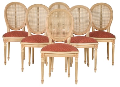 Set of Six Louis XVI Style Creme Peinte Side Chairs, 20th c., Each- H.- 39 1/2 in., W.- 20 in., D.-