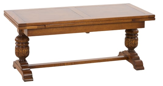 French Renaissance Style Oak Draw Leaf Low Table, 21st c., Closed- H.- 18 1/2 in., W.- 43 1/4 in.,