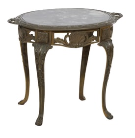Diminutive Cast Iron Marble Top Side Table, 20th c., H.- 22 1/2 in., W.- 23 3/8 in., D.- 16 in.