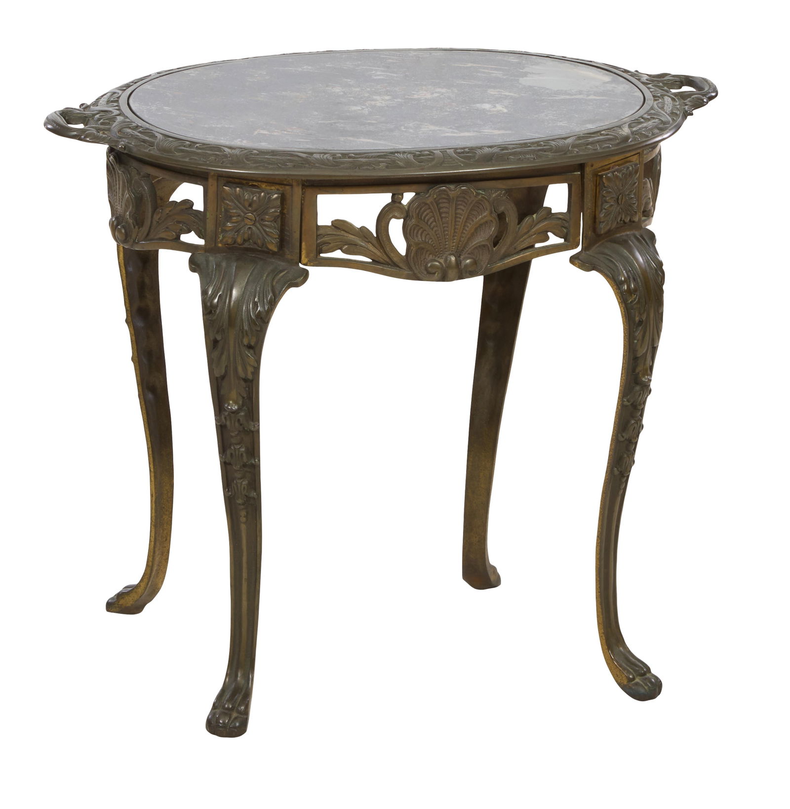 Diminutive Cast Iron Marble Top Side Table, 20th c., H.- 22 1/2 in., W.- 23 3/8 in., D.- 16 in. (1 of 2)