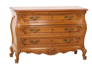 French Louis XV Style Fruitwood Bombe Commode, 20th c., H.- 33 in., W.- 50 in., D.- 22 in.