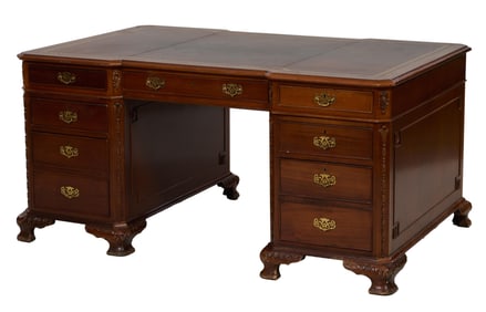 English Style Georgian Furniture Leather Top Mahogany Partner's Desk, 20th c., H.- 30 in., W.- 61