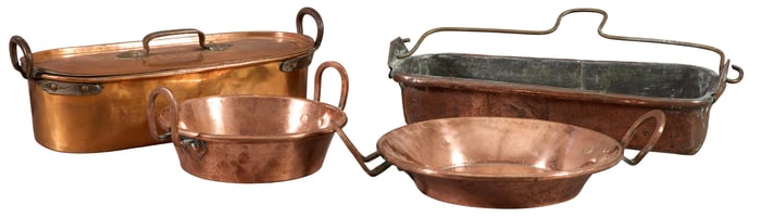 Four Pieces of French Copper Cookware, early 20th c., Largest Poaching- H.- 5 3/4 in., W.- 22 3/4