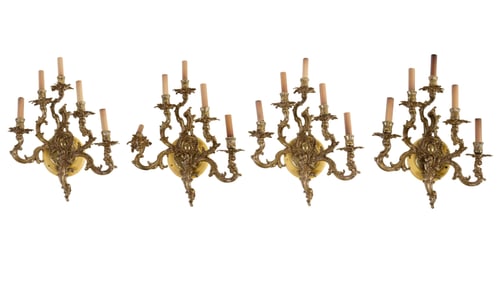Set of Four Gilt Bronze Louis XV Style Five Light Sconces, 20th c., Each- H.- 21 in., W.- 16 3/4