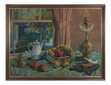 Evelyn Leavens (American, 1924-2013), "Still Life with Lamp and Fruit by a Window," 1981, H.- 36