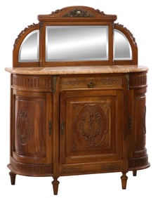 French Louis XVI Style Marble Top Carved Walnut Desserte, 19th c., H.- 62 in., W.- 48 in., D.- 20