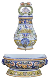 French Provincial Ceramic Lavabo, 20th c., Reservoir- H.- 18 in., W.- 15 1/2 in., D.- 9 in.; Basin-