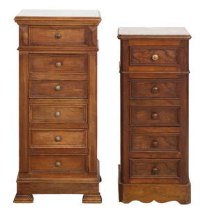 Two French Louis Philippe Marble Top Walnut Nightstands, mid 19th c., Shorter- H.- 33 3/4 in., W.-: Two French Louis Philippe Marble Top Walnut Nightstands, mid 19th c., the inset brown marble top over a single frieze drawer, the taller with a white marble over a frieze drawer front beneath two faux