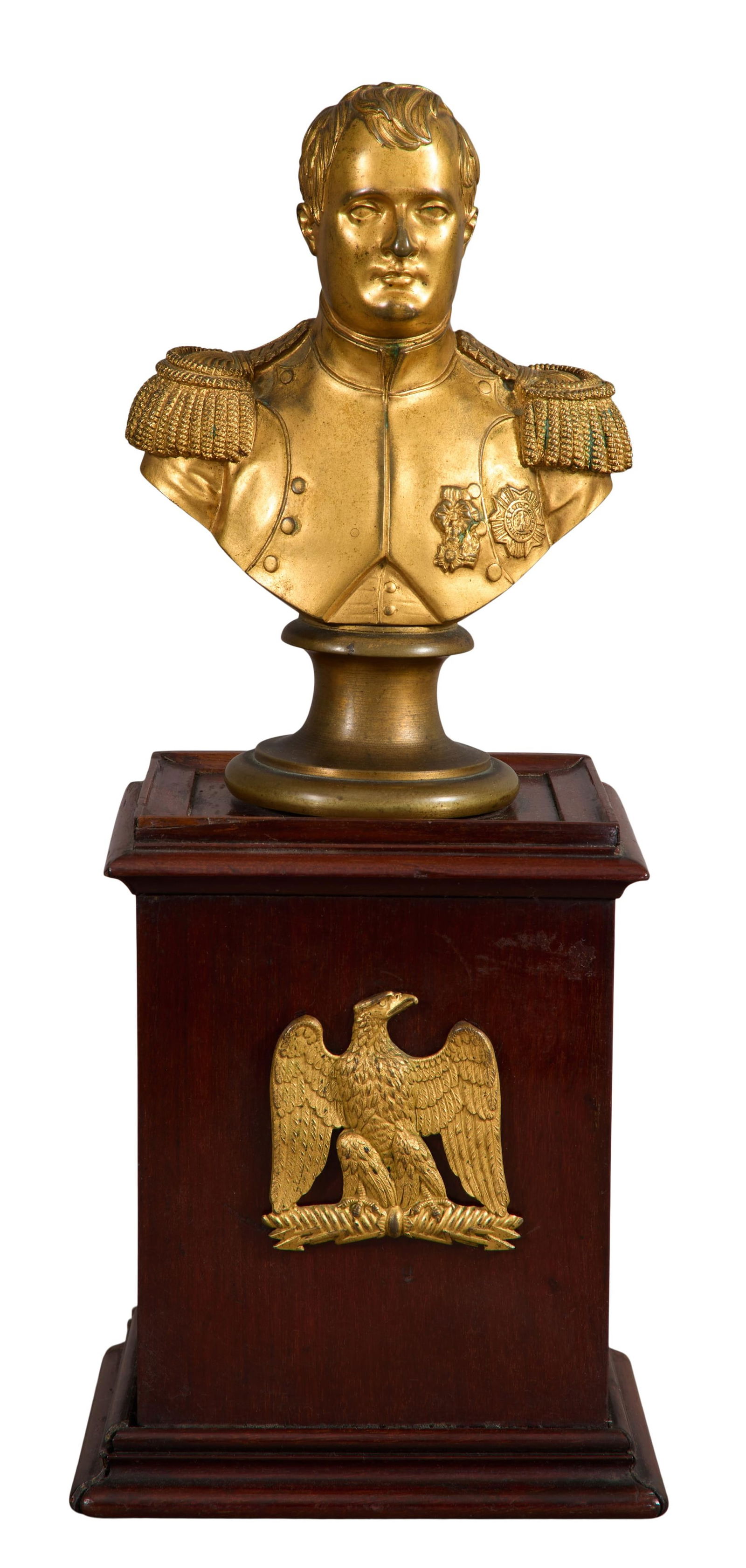 Diminutive French Gilt Bronze Bust of Napoleon, 19th c., Bust- H.- 7 in., W.- 4 7/8 in., D.-2 7/8