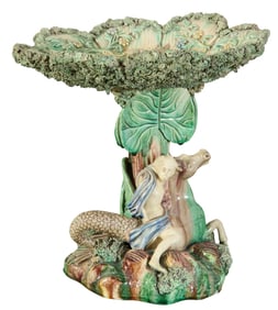 Manuel Mafra (Portuguese, 1831-1905), Palissy Figural Centerpiece, 19th c., H.- 11 in., Dia.- 10 1/2