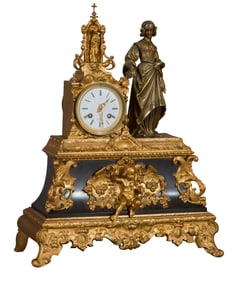 French Louis XV Style Bronze and Black Marble Figural Clock, 19th c., H.- 18 1/2 in., W.- 14 1/2 in.