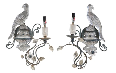Pair of Maison Bagues Iron and Brass Single Light Sconces, 20th c., H.- 15 1/2 in., W.- 11 in.,