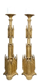 Pair of Gothic Gilt Bronze Altar Candlesticks, 19th c., H.- 25 in., Dia.- 6 in. (2 Pcs.)