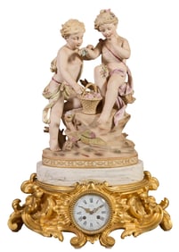 French Marble and Gilt Bronze Figural Mantel Clock, 19th c., Plinth- H.- 8 in., W.- 18 in., D.- 1