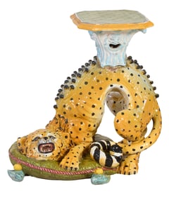 Unusual Leopard Form Ceramic Jardiniere Stand, 20th/21st c., H.- 22 in., W.- 24 in., D.- 17 3/4 in.