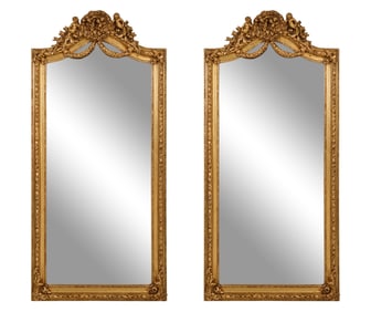 Pair of French Louis XVI Style Gilt and Gesso Overmantel Mirrors, 21st c., Each- H.- 84 in., W.- 40
