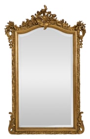 French Louis XV Style Gilt and Gesso Overmantel Mirror, 19th c., H.- 60 in., W.- 38 in., D.- 4 in.