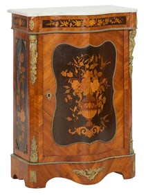 French Napoleon III Marble Top Ebonized Parquetry Parlor Cabinet, 19th c., H.- 40 in., W.- 28 in.,