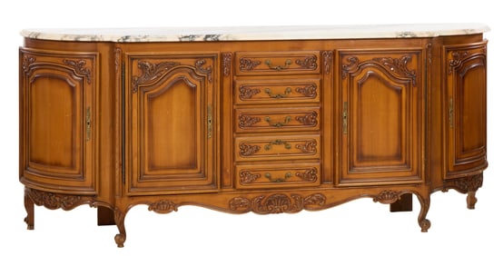 French Louis XV Style Marble Top Cherry Enfilade, 20th c., H.- 41 1/2 in., W.- 101 in., D.- 22 in.