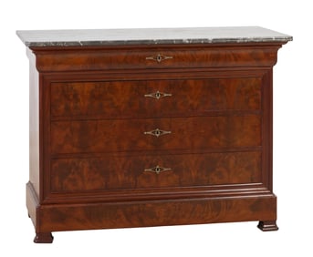 French Louis Philippe Marble Top Walnut Commode, mid 19th c., H.- 37 1/2 in., W.- 50 3/4 in., D.- 22