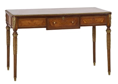 French Louis XVI Style Ormolu Mounted Parquetry Walnut Writing Table, early 20th c., H.- 32 1/4 in.,