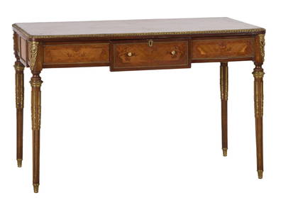 French Louis XVI Style Ormolu Mounted Parquetry Walnut Writing Table, early 20th c., H.- 32 1/4 in., (1 of 3)