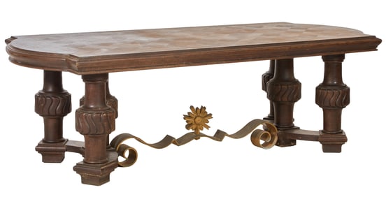 Spanish Renaissance Revival Parquetry Oak and Gilt Iron Refectory Table, 20th c., H.- 29 in., W.- 90